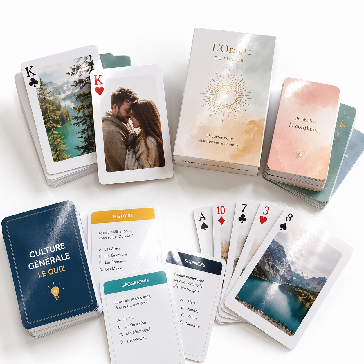 Jeu de cartes personnalisé : cartes photo, oracle et cartes pédagogiques en éventail